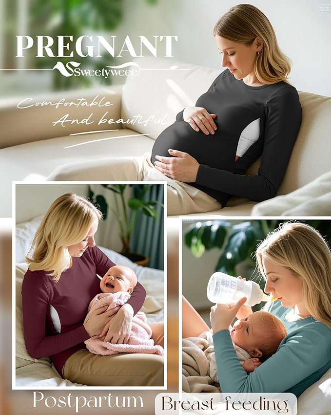 4 Pack Women's Nursing Breastfeeding Tops, Long Sleeve Maternity Shirts Loose Fit Hidden Zipper Pregnancy Clothes