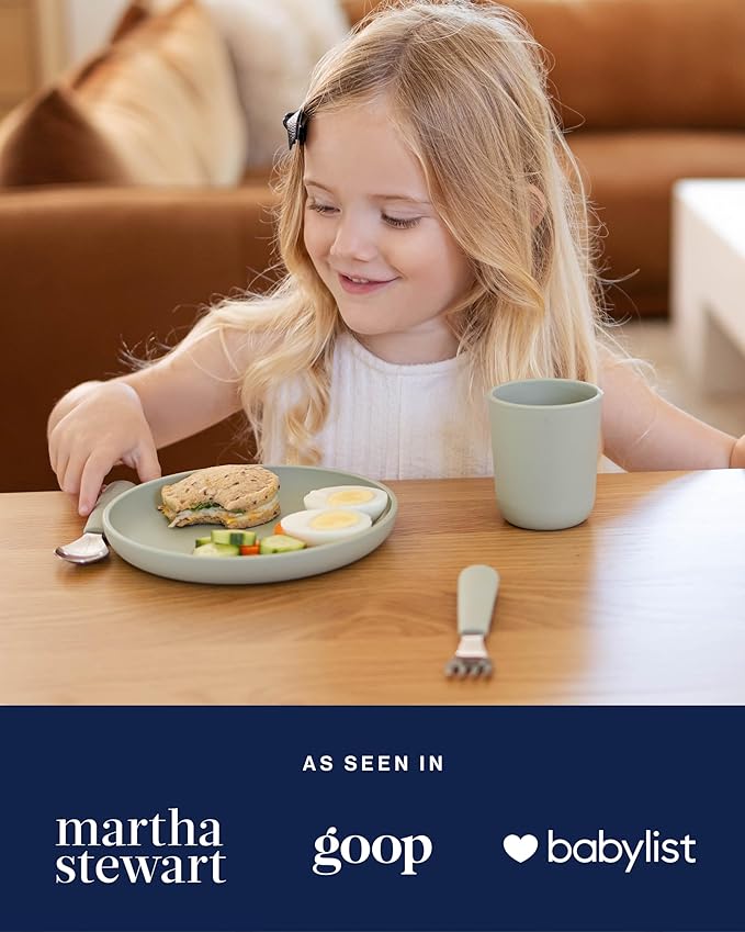 Lalo Big Bites Kids Dinnerware Full Set - Dishwasher Safe, BPA Free, Kids Tableware Set - Includes Stackable Bowl, Plate, Utensils & Cup - 7 Pieces - Lavender