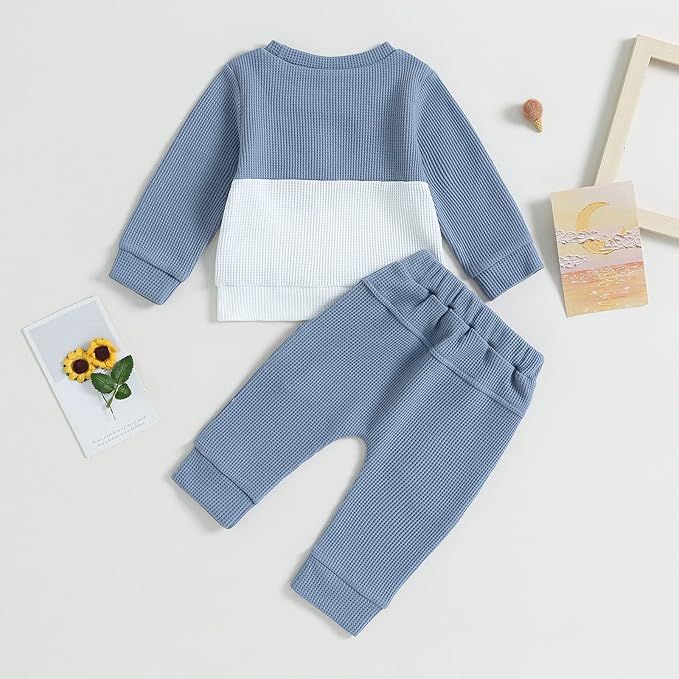 Toddler Baby Boy Fall Clothes Waffle Contrast Color Sweatshirt Pants Sets Infant Winter Outfits 6 12 18 24 Months