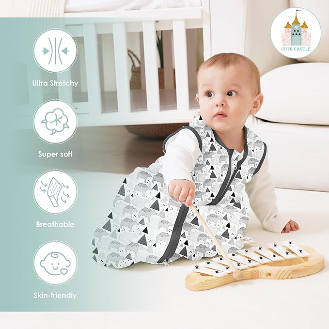 Cute Castle Baby Sleep Sack 6-12 Months - Lightweight 100% Cotton 2-Way Zipper TOG 0.5 Infant Wearable Blanket, Newborn Essentials Toddler Sleep Clothes, 3 Pack(Dark gray, Light gray, Bear)