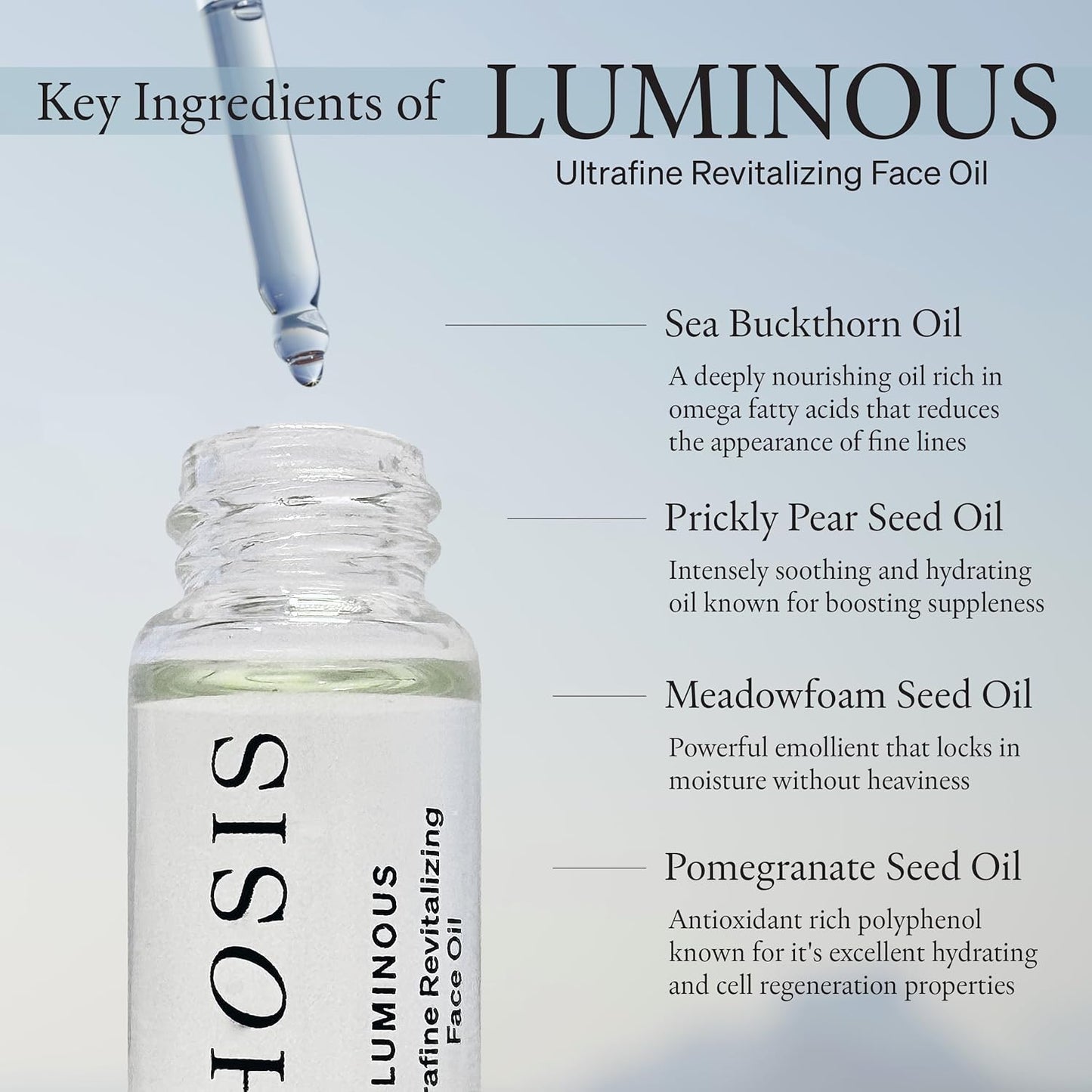 Luminous Ultrafine Revitalizing Face Oil for Women – Lightweight Facial Glow Elixir with Sea Buckthorn, Prickly Pear, Pomegranate & Meadowfoam – 3 ml (Trial Size - 3-4 uses per bottle)