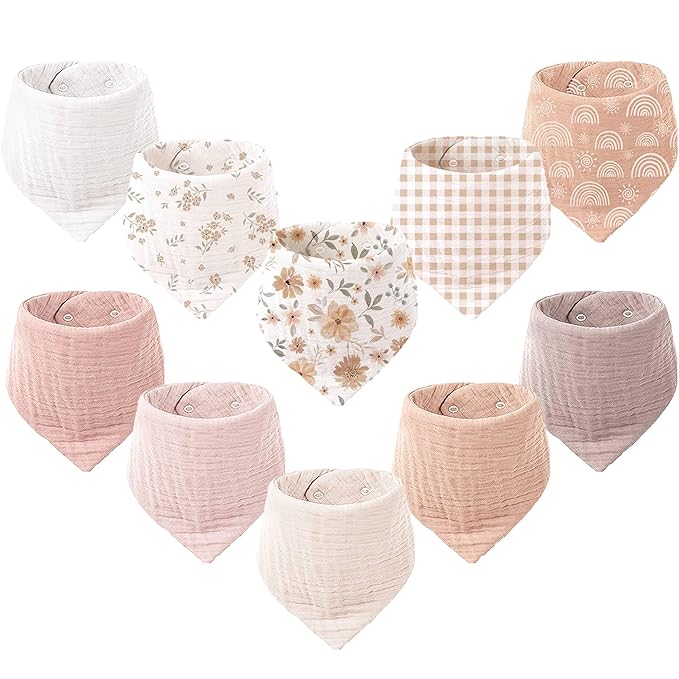 Konssy Muslin Baby Bibs 10 Pack Baby Bandana Drool Bibs 100% Cotton for Unisex Boys and Girls, Soft Absorbent Set for Teething and Drooling