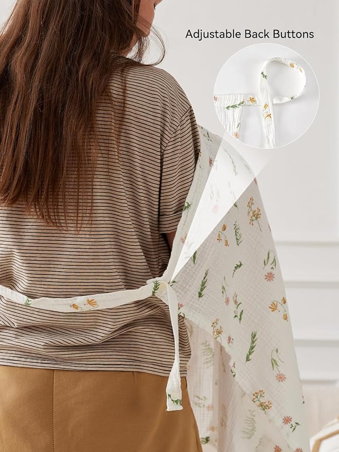 TILLYOU Muslin Nursing Cover for Baby Breastfeeding, 100% Cotton Breathable with Arch Neckline for Women, Daisy