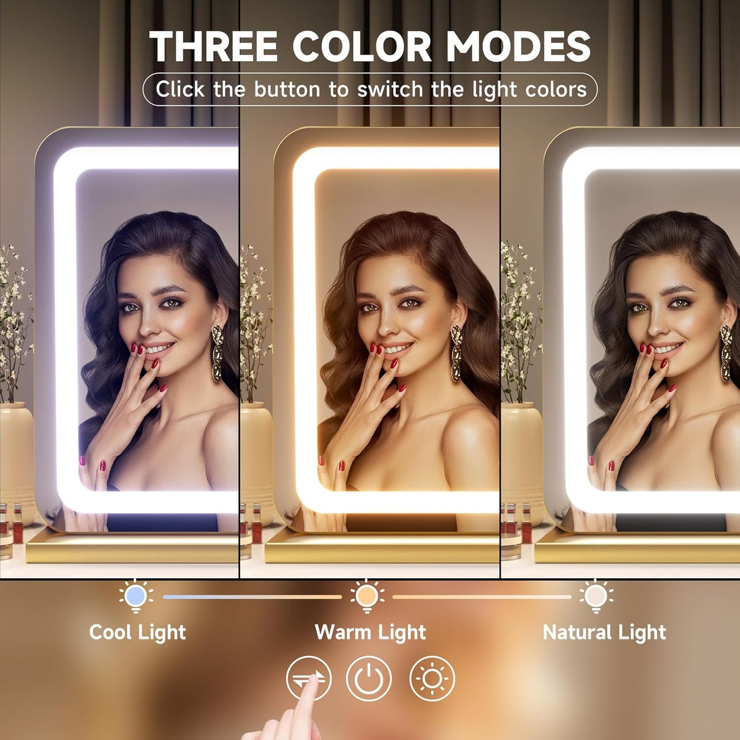 Hasipu Vanity Mirror with Lights, 31.5" x 22" LED Makeup Mirror, Lighted Makeup Mirror with Dimmable 3 Modes, Touch Screen Control Vanity Mirror Round Gold