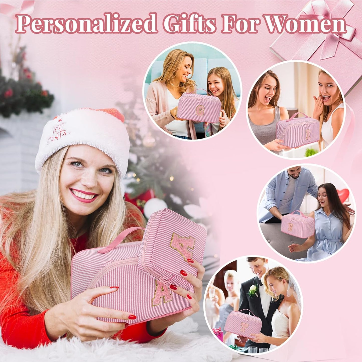 Travel Makeup Bag for Women, 2Pcs Portable Personalized Initial Makeup Organizer Bag, Open Flat Large Cosmetic Bag With Travel Essential Pouch (Pink Letter H)