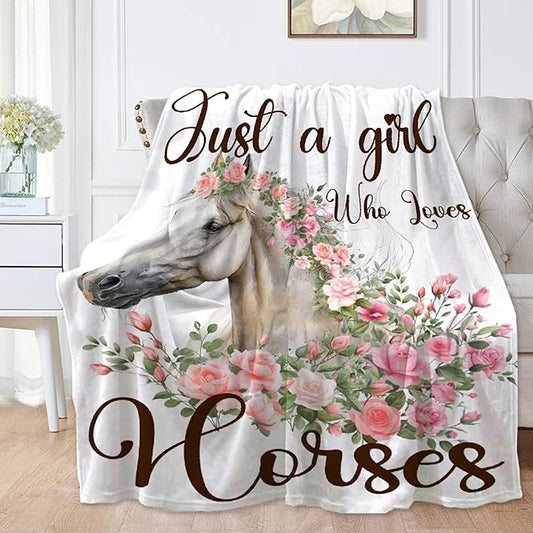 Just A Girl Who Loves Horses Blanket for Teen Flowers Animals Throw Blanket Gifts for Girls Boys Soft Throws Blankets All Seasons 50×60 Inches for Bed Office