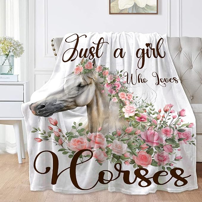 Just A Girl Who Loves Horses Blanket for Boys Girls, Flowers Animals Kids Throw Blanket Gift for Child, Fluffy Cozy Soft Lightweight Blankets for Bed Office, 40x50 Inches