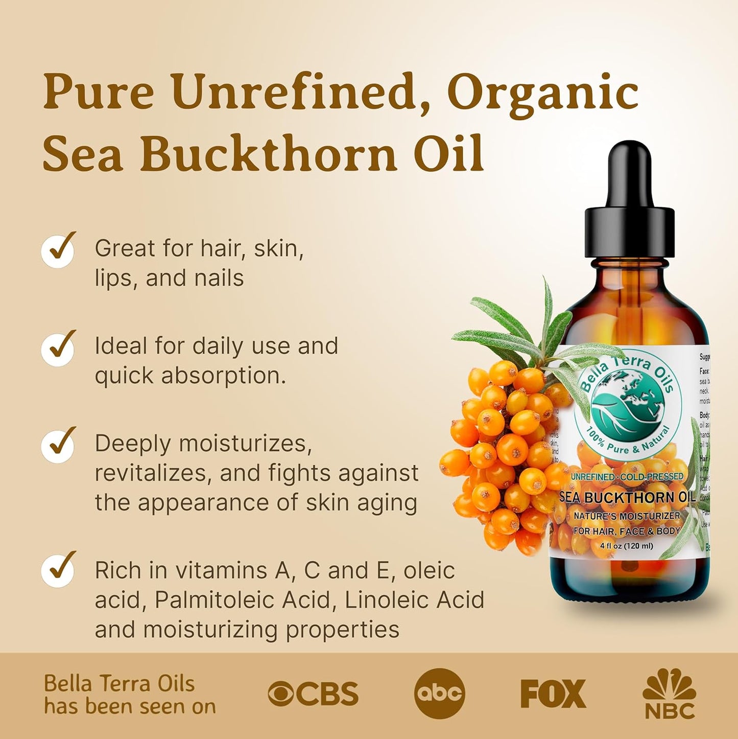 Bella Terra Oils - Organic Sea Buckthorn Oil 2 oz - Dive into Rich Essence of Organic Sea Buckthorn Berry, Packed with Vitamin C, E, & A, Omega-Fatty Acids Delight for Face