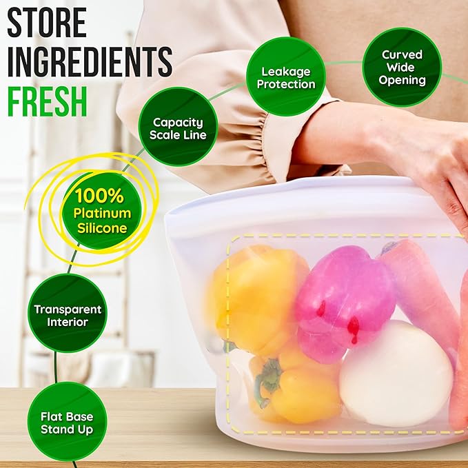Premium Platinum Silicone Reusable Food Storage Bag 6.3 Cup (53 fl oz), Airtight Zip Lock Bags for Food, BPA-Free Silicone Freezer Bags, Microwave Safe Sous Vide Container, Dry Rose