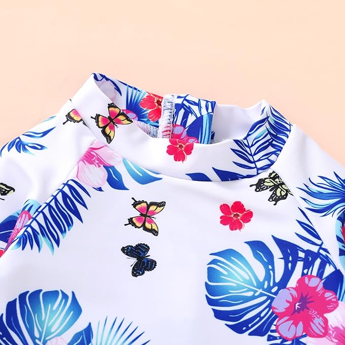 Infant Baby Girl Swimsuit One-Piece Long Sleeve Rash Guard with Hat Set Floral Zipper Bathing Suit Leopard Beach Wear