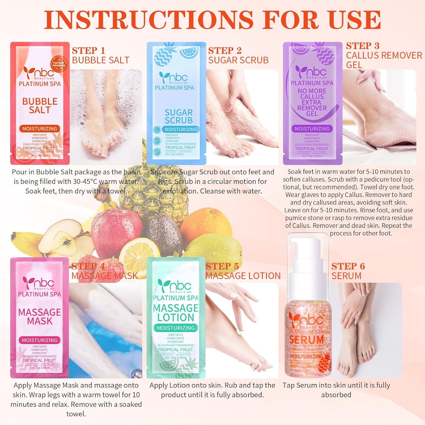 Pedicure Foot Soak Set - Upgraded 6 in 1 Foot Spa, Foot Bath Spa, Pedicure Kit, Foot Soak for Tired & Dry Cracked Feet, Athletes Feet, Bad Odor, Softens Calluses (Tropical fruit)