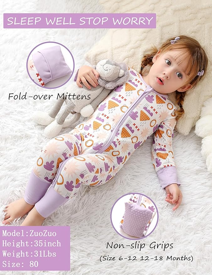 JunNeng Baby Girl Viscose from Bamboo Sleeper with Mitten Cuffs, 2 Way Zipper Romper, Sleep N' Play Pajamas 0-18 Months