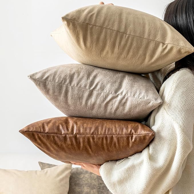 Leather Throw Pillow Covers Pack of 2 Brown, Modern Boho Thickened Floor - Image 3