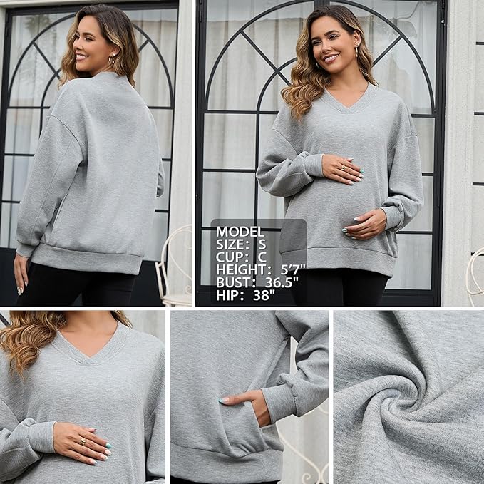 GINKANA Maternity Long Sleeve Shirts V Neck Sweatshirt Casual Tunic Tops Pregnancy Pullover with Pockets