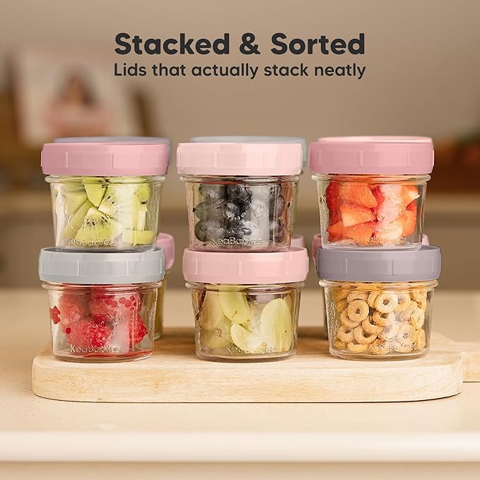 KeaBabies 12pk 4oz Glass Baby Food Containers with Lids - Leak-Proof, Microwavable Small Glass Jars, Baby Purees & Toddler Snack Storage Containers, BPA-Free, Dishwasher & Freezer Safe (Roseate)