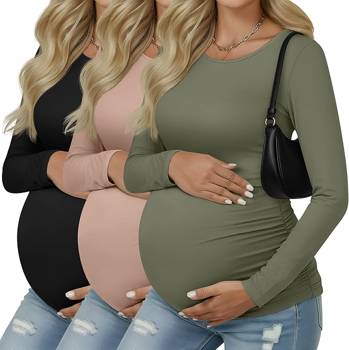 Ficerd 3 Pack Women's Maternity Shirts, Long Sleeve Side Ruched Pregnancy Tee Tops Crew Neck Casual Mama Clothes Basic Tunic