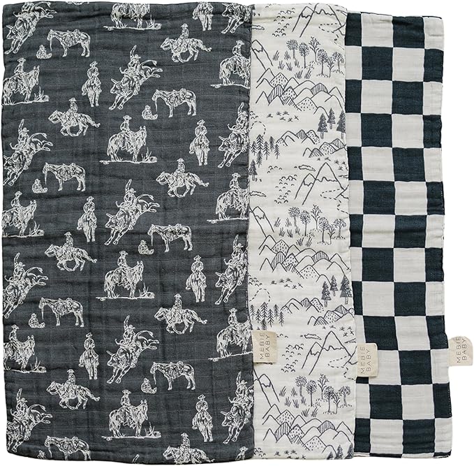 Mebie Baby Burp Cloths, Western, Muslin Burp Cloth Set for Spit Up, Drool, and More, Boho Burp Cloths for Baby Boy and Girl, Baby Must Haves for Registry Lists and Gifts for Newborns