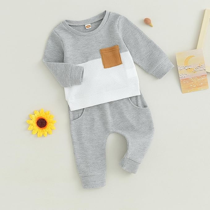 Toddler Baby Boy Fall Clothes Waffle Contrast Color Sweatshirt Pants Sets Infant Winter Outfits 6 12 18 24 Months