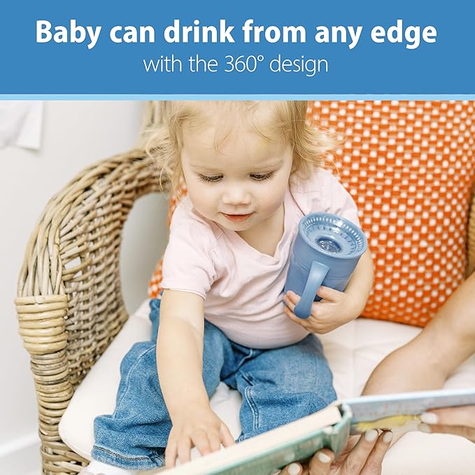Dr. Brown's Milestones Cheers 360 Spoutless Transition Cup with Handles, Travel Friendly and Leak Free Sippy for Babies and Toddlers, Blue, BPA-Free, 7 oz/200 mL, 6m+