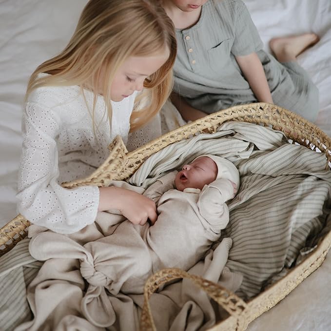 mushie Muslin Baby Swaddle Blanket | 100% Organic Cotton (Sage Stripe)