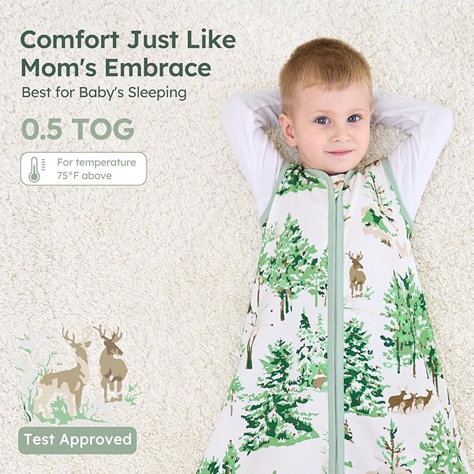 Baby Sleep Sack 12-18 Months 100% Cotton Lightweight 0.5 TOG Wearable Blanket Baby Sleep Bag with 2-Way Zipper for Infant Toddler Green Pine Tree