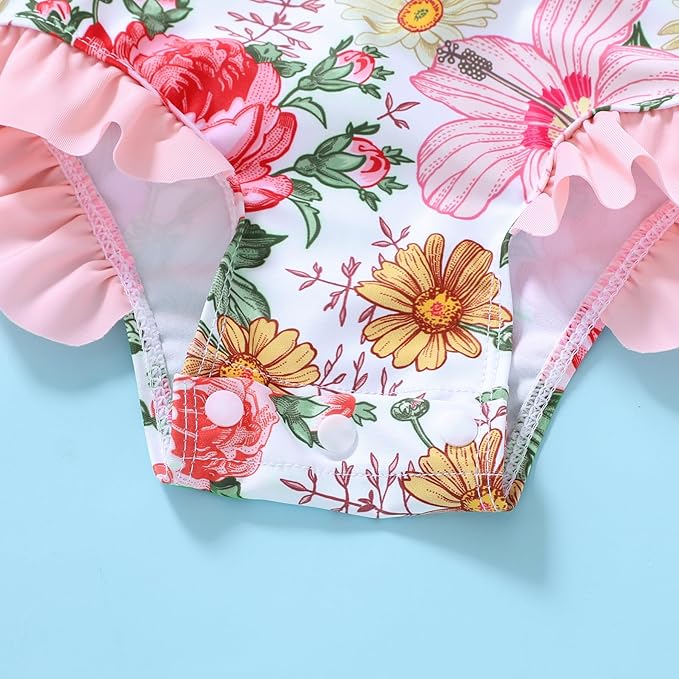 Infant Baby Girl Swimsuit One-Piece Long Sleeve Rash Guard with Hat Set Floral Zipper Bathing Suit Leopard Beach Wear