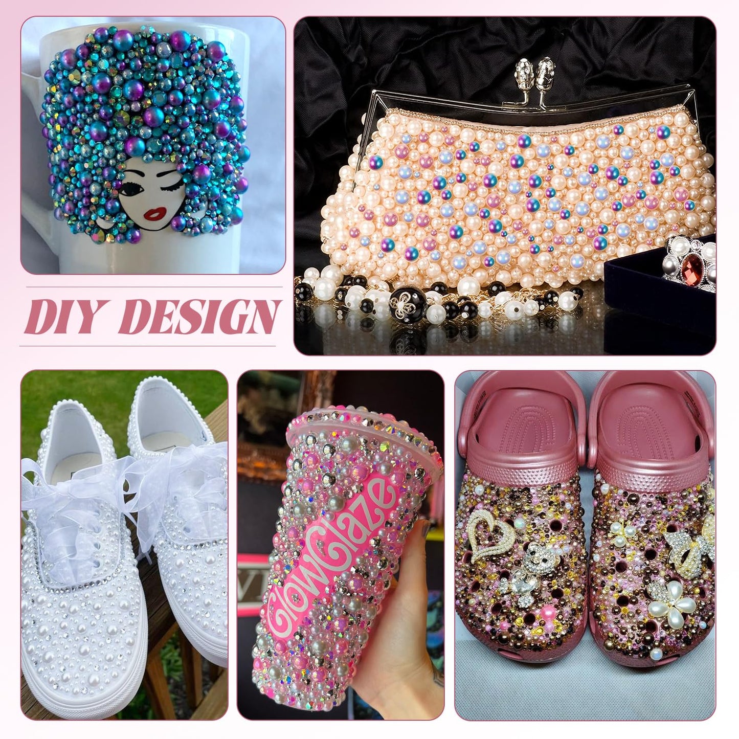 9000Pcs Flatback Pearls and Rhinestones for Crafting, Red White Black Mixed Size 3-8mm Resin Rhinestones and Half Pearls for Bedazzling, Nail Art and Decoration with 3pcs B7000 Jewelry Glue