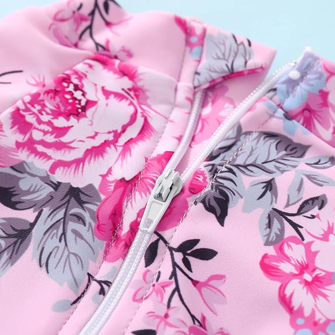 Infant Baby Girl Swimsuit One-Piece Long Sleeve Rash Guard with Hat Set Floral Zipper Bathing Suit Leopard Beach Wear