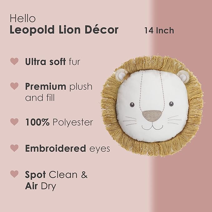 MON AMI Leopold Lion Décor Pillow – 14” |Plush Stuffed Animal Hugging Pillow, Decorative Cushion for Child’s Nursery, Bed & Cute Couch or Room Décor