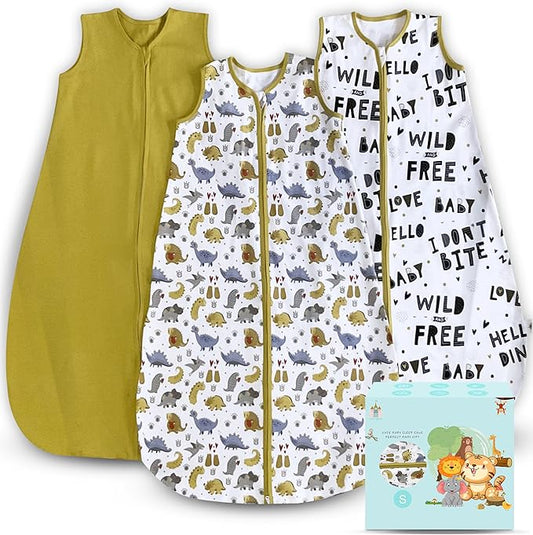 Cute Castle Baby Sleep Sack 0-6 Months - Lightweight 100% Cotton 2-Way Zipper TOG 0.5 Infant Wearable Blanket, Newborn Essentials Toddler Sleep Clothes, 3 Pack(Honey, Dinosaurs, Letters)