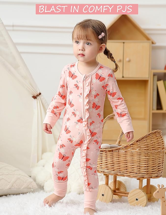 JunNeng Baby Girl Viscose from Bamboo Sleeper with Mitten Cuffs, 2 Way Zipper Romper, Sleep N' Play Pajamas 0-18 Months