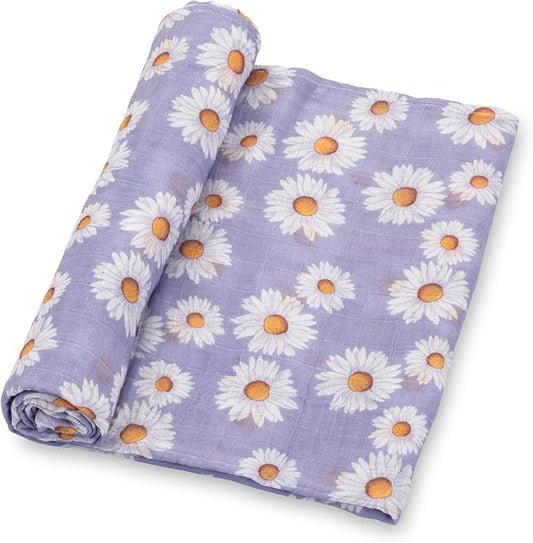 LollyBanks Baby Blanket, 100% Cotton Muslin Swaddle Blanket, Soft Baby Girl Blanket 47 x 47 Inches, Nursery Swaddling Blankets for Girls, Baby Essentials, Registry (Daisy Print)