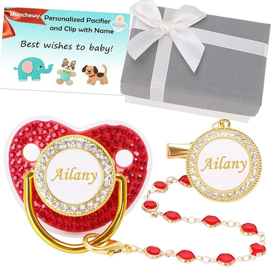 Customized Pacifier with Name, Bling Personalized Pacifier Clip Set with Gift Box, Luxury Crystal Bling Soother Dummy Ideal Gift for Newborn Girls Baby Shower Photography(Bling Red)