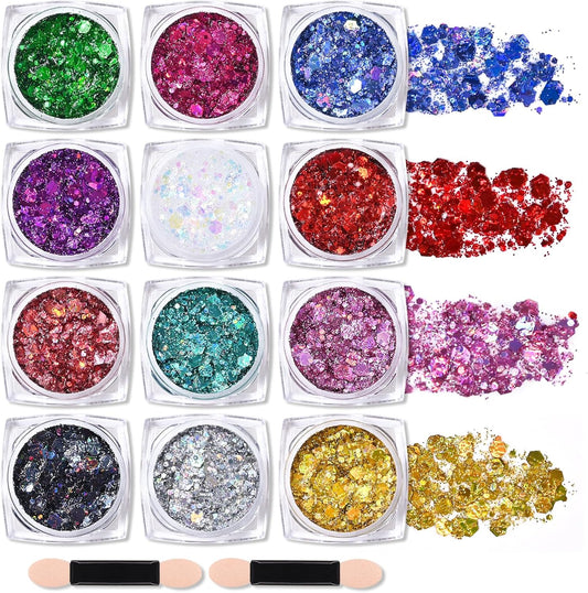 Ownest 12 Colors Holographic Chunky Glitter Gel Set, Christmas Party Makeup Face Body Eye Lips Hair Nail Cosmetic Festival Chunky Glitter Eyeshadow, Mixable, No Need Glue(B)
