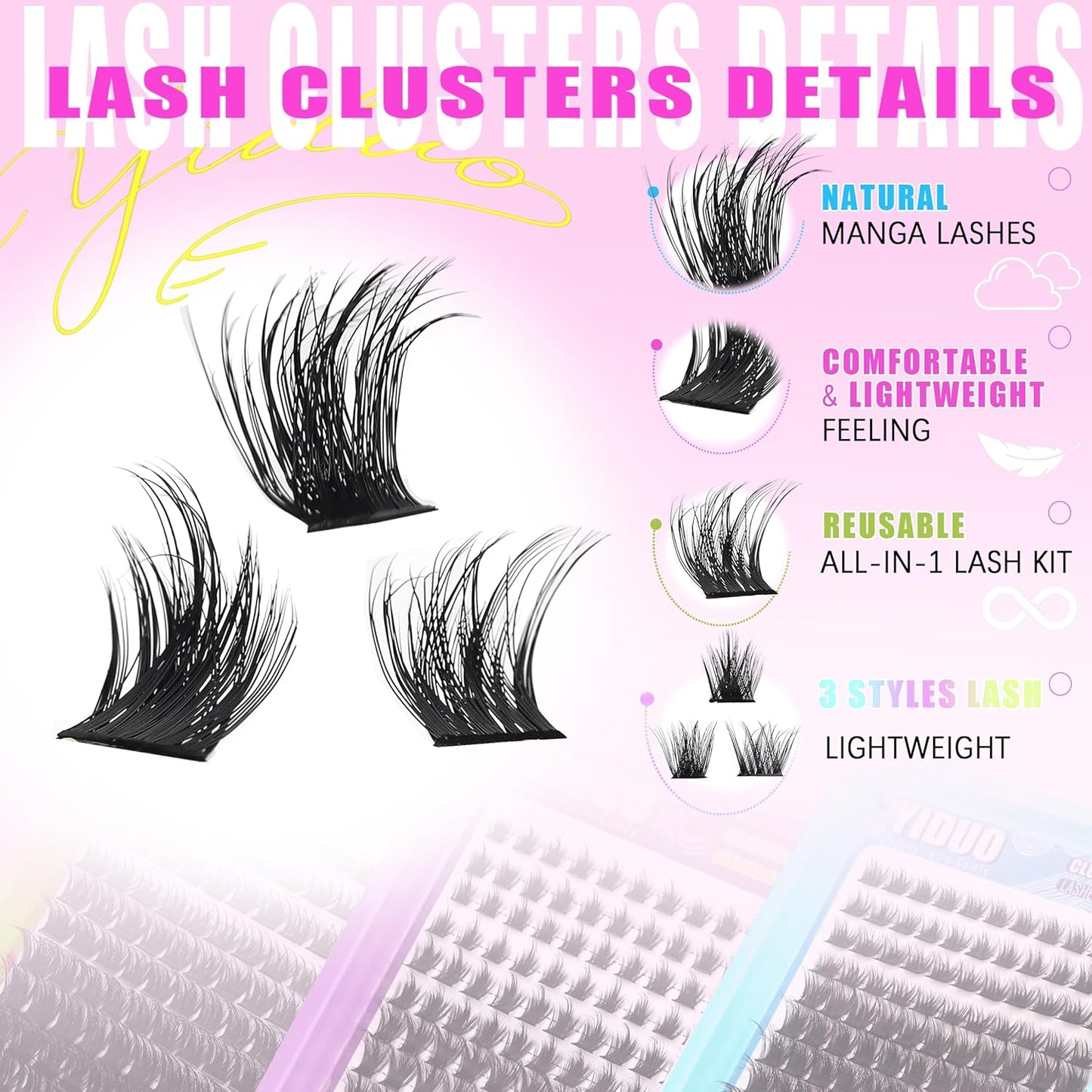 3 Styles Lash Clusters Kit Bulk Packs with 2×Bond&Seal Volume/Manga/ultra/Dramatic Eyelash Extensions 8-18mm lashes Clusters Kit Wispy D Curl Individual Fake Eyelashes Kit DIY at Home Easily