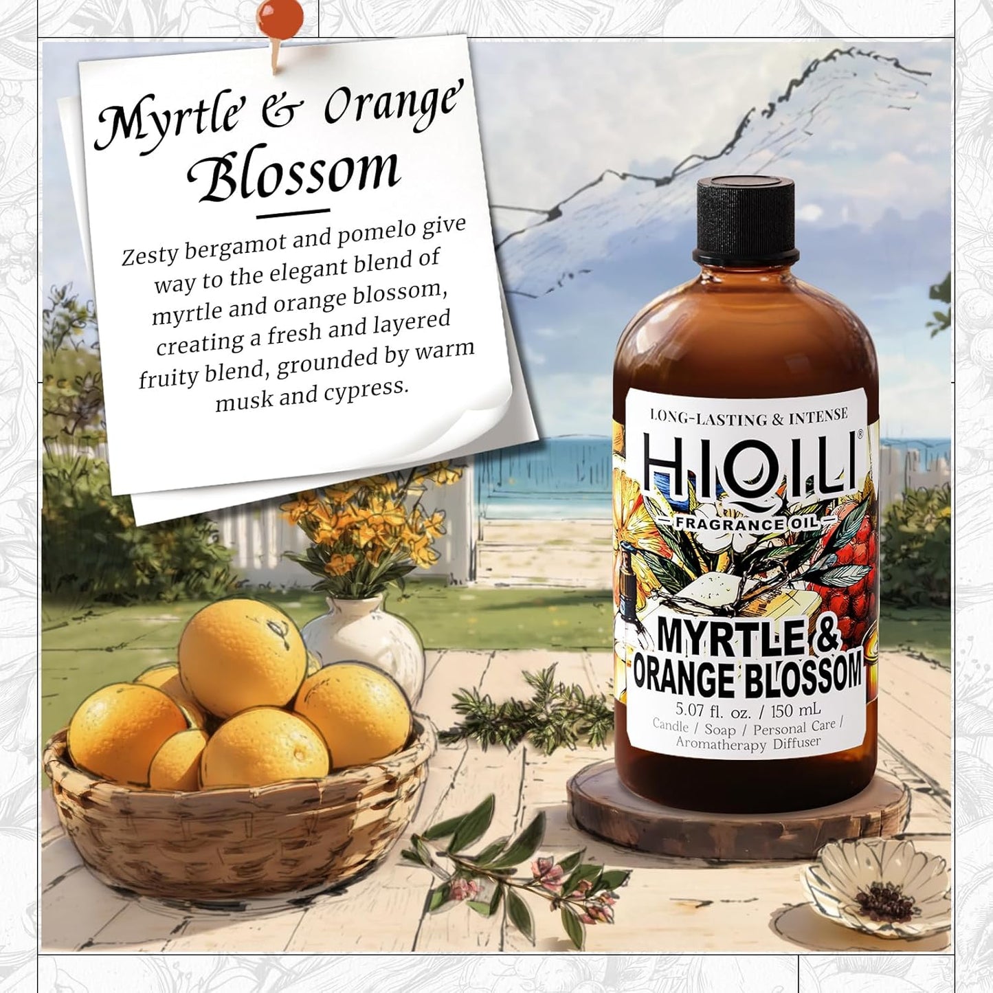 HIQILI Myrtle & Orange Blossom Fragrance Oil for Diffuser, Inspired by D.or Tera-Bella, Candle & Soap Making, Long-Lasting Citrus Floral Scent - 5.07 Fl Oz