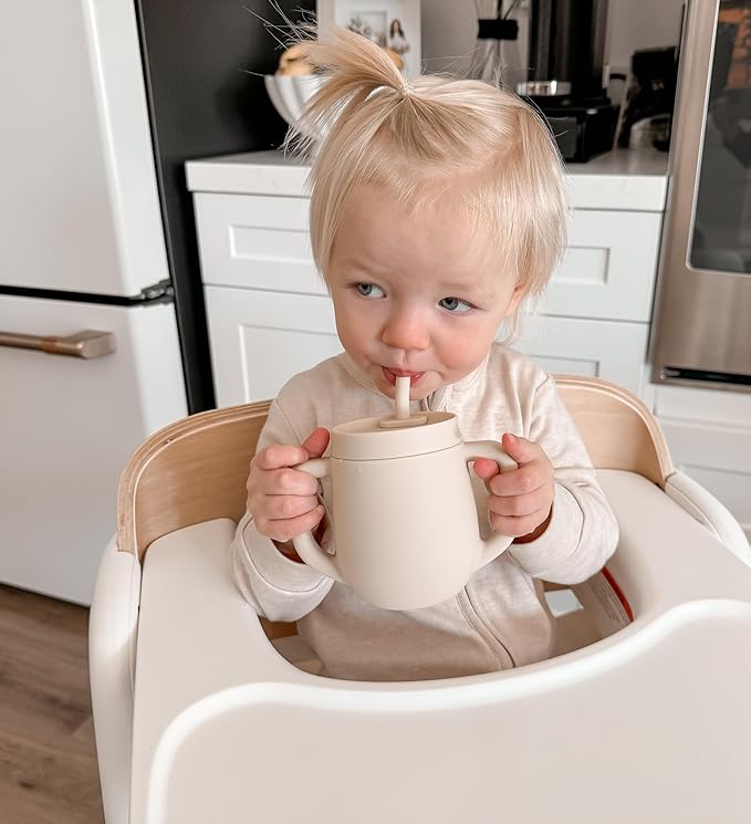 3-in-1 Silicone Training Cup with Straw & Lid - Baby Led Weaning Transition Sippy Cups for 6+ Month Old - Spill Proof Training Cup for Baby - BPA-Free Transition Sippy Cups (Soft Beige)
