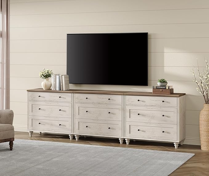 WAMPAT Kids Dresser for Bedroom with 9 Drawers, Baby Dressers with Wide Chest of Drawers, Farmhouse Wooden Closet Storage Organizer, Large Wood Dressers for Living Room, Nursery, Hallway, Rustic White