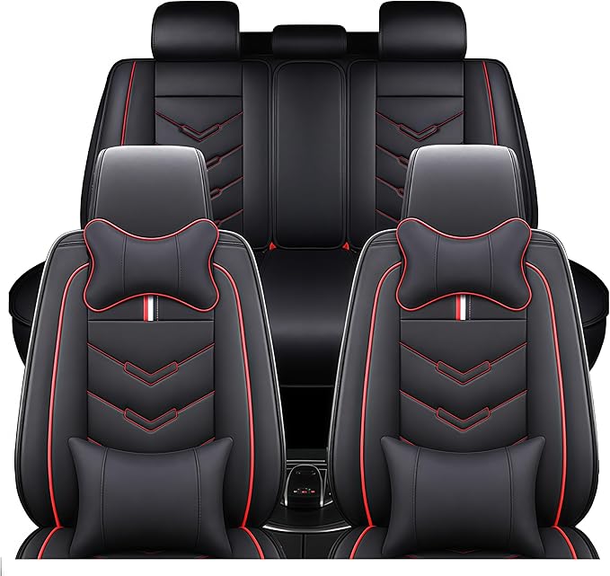 Leather Car Seat Covers Fit for LR Range Rover 2022-2025, 5 Seater Waterproof and Wear-Resistant Seat Cover Interior Accessories(Full Set with Pillow,Black&Red)