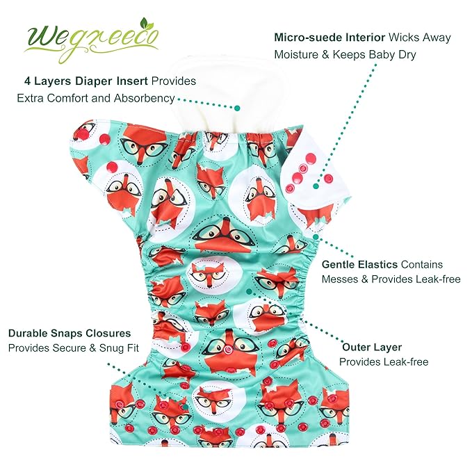 wegreeco Cloth Diapers 6 Pack with 6 Inserts, Washable Cloth Diapers for Babies, One Size Adjustable Reusable (Girl Prints + 1 Wet Bag)