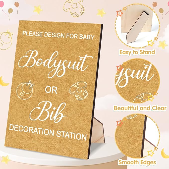 Pydeeirom 151 Pcs Baby Shower Game Decorations Kit with Bibs, Bodysuits, Wooden Sign & Fabric Markers (Classic)