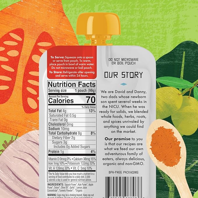 Kekoa Foods Squash & Kale with Turmeric Baby Food Purée | 100% USDA Certified-Organic Vegetarian Squeeze Pouch | Organic, Non-GMO, Gluten-Free, Vegan | Nutritious First Food for Babies | 3.5 oz