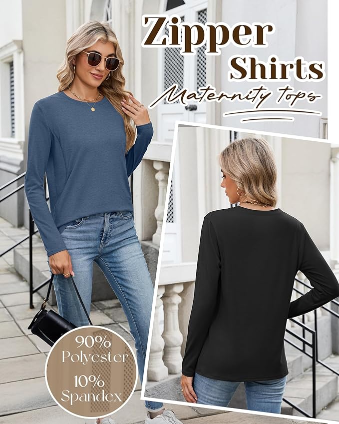 4 Pack Women's Nursing Breastfeeding Tops, Long Sleeve Maternity Shirts Loose Fit Hidden Zipper Pregnancy Clothes