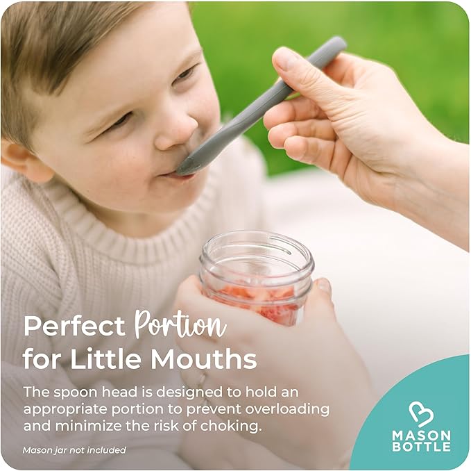Mason Bottle Silicone Baby Spoons (2-Pack) – BPA-Free Feeding Utensils for Babies 6–12 Months – Puree Spoons with Case, Non-Toxic, Dishwasher Safe (Teal & Grey)