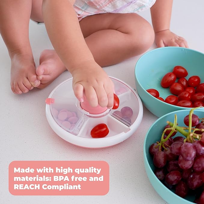 GoBe Kids Small Snack Spinner Flip Bundle with Hand Strap and Sticker Sheet - Reusable Snack Container with 5 Compartment Dispenser and Lid | BPA/PVC Free | Dishwasher Safe | No Spill - Lemon Yellow