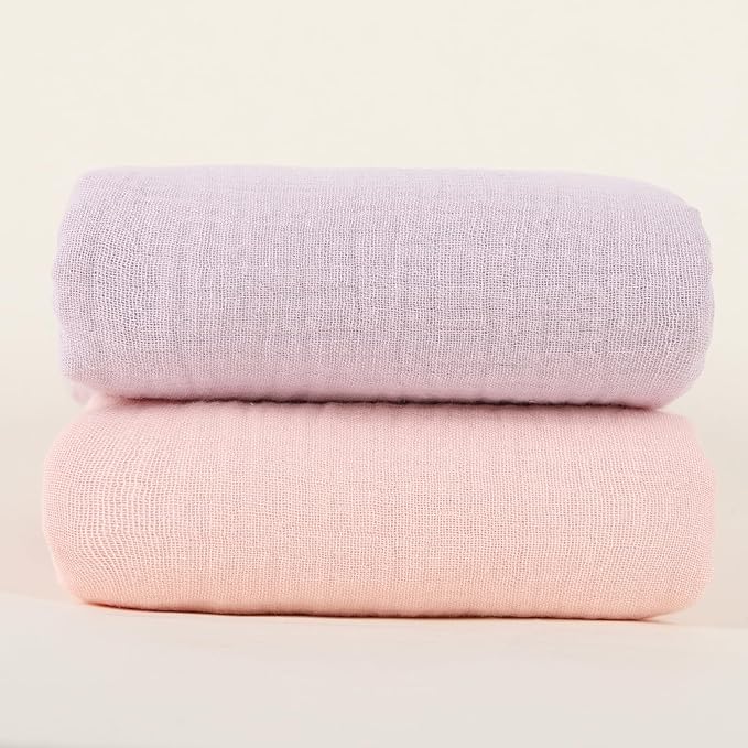 Muslin Swaddle Blankets for Newborns, 2 Pack Large 40 x 40 Inches, 100% Cotton Receiving Blankets, Soft and Breathable Baby Swaddles, Baby Essentials for Girls, Shower Gift, Pink and Purple