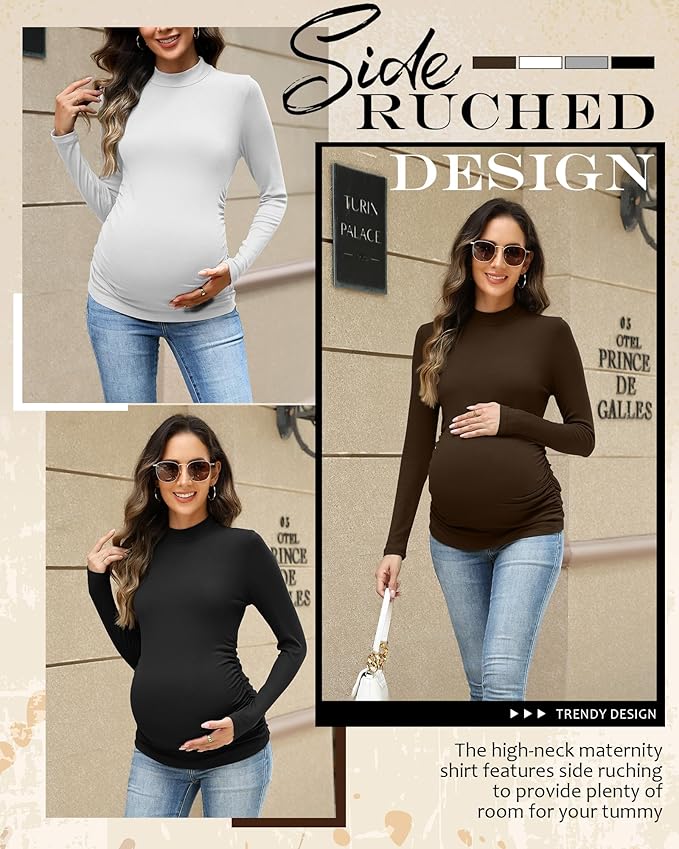 4 Packs Womens Maternity Shirts Long Sleeve Cotton Ribbed Pregnancy Mock Neck Side Ruched Workout Tops for Mama