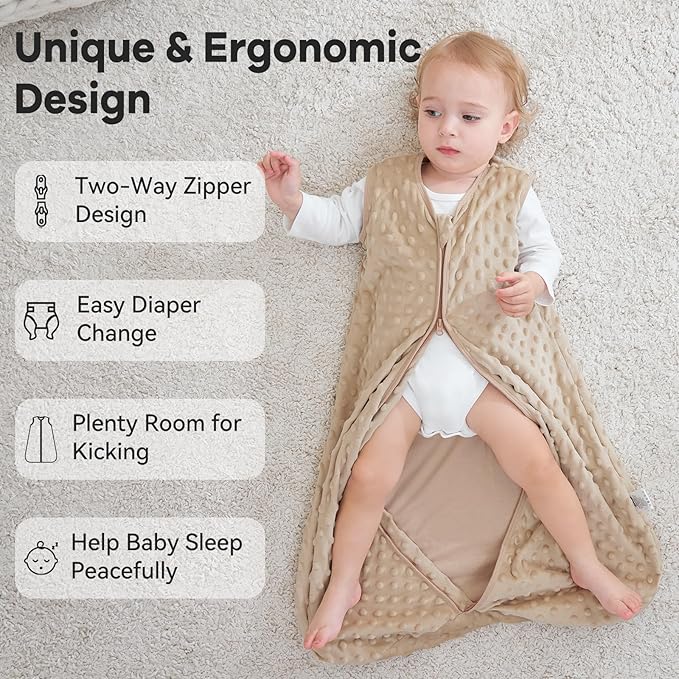 Fleece Baby Sleep Sack 0-6 Months with Plush Dots 1.5 Tog Baby Wearable Blanket with 2-Way Zipper Warm Sleeping Sack for Toddler Infant Newborn - Small, Coffee