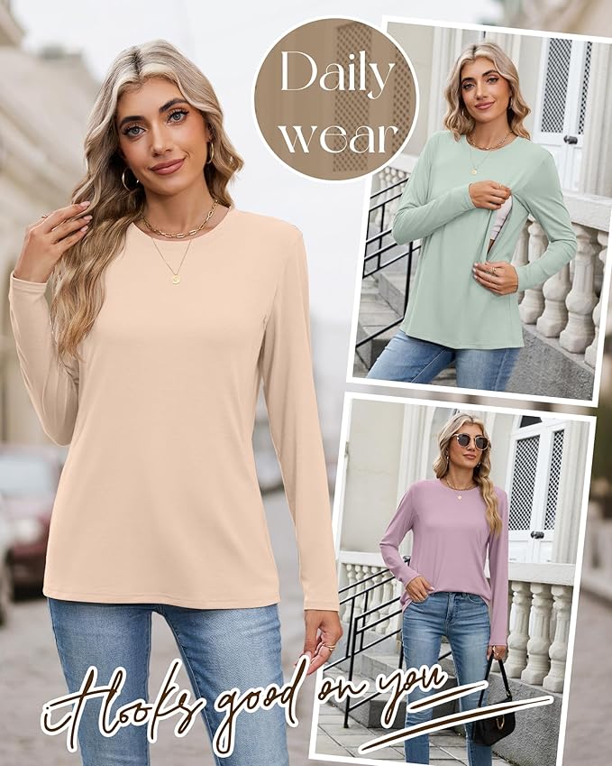 4 Pack Women's Nursing Breastfeeding Tops, Long Sleeve Maternity Shirts Loose Fit Hidden Zipper Pregnancy Clothes