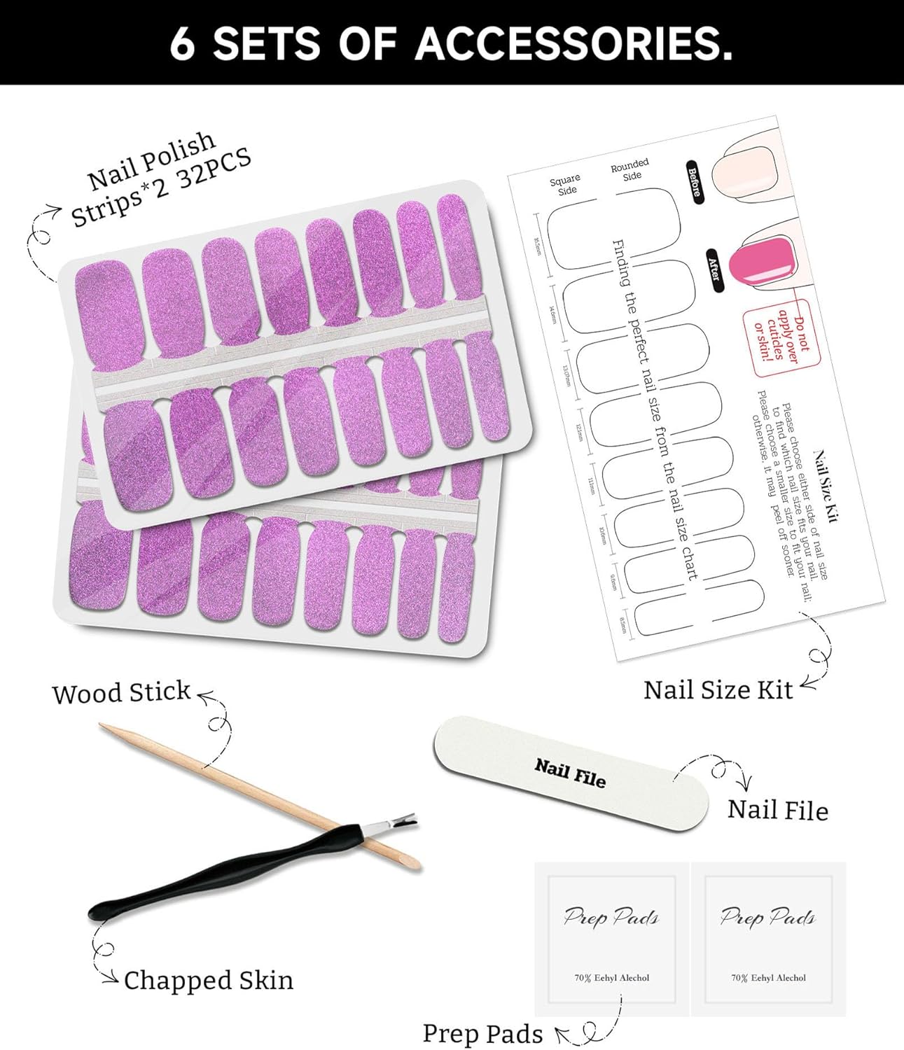 Glitter Nail Polish Strips, 32 Pcs Salon Quality Gel Nail Stickers, Long Lasting Wraps Easy to Use & Remove (Gradient Pink Violet)
